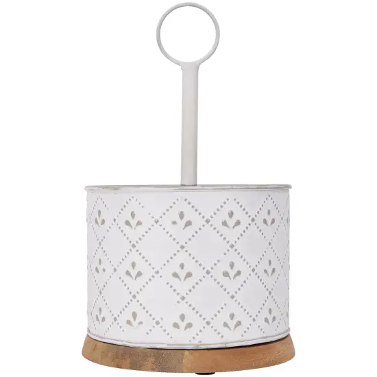 Northlight 7" White Round Embossed Utensil Caddy with Wooden Base {1}