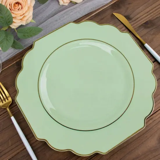 10 Pcs 12" Disposable Baroque Plastic Dinner Plates with Gold Rim Sage green w/gold {1}