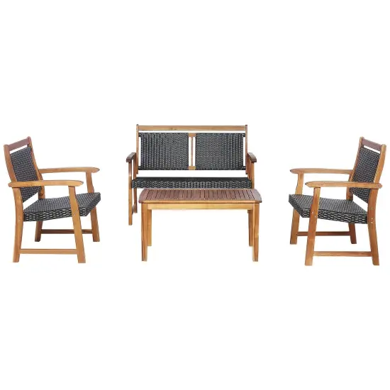 4 Pieces Outdoor Patio Rattan Furniture Sofa Set with Acacia Wood Frame {3}