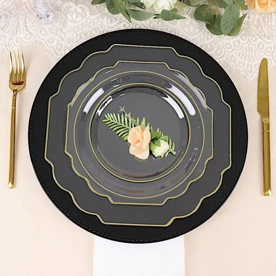 10 Pcs 12" Disposable Baroque Plastic Dinner Plates with Gold Rim Clear {1}