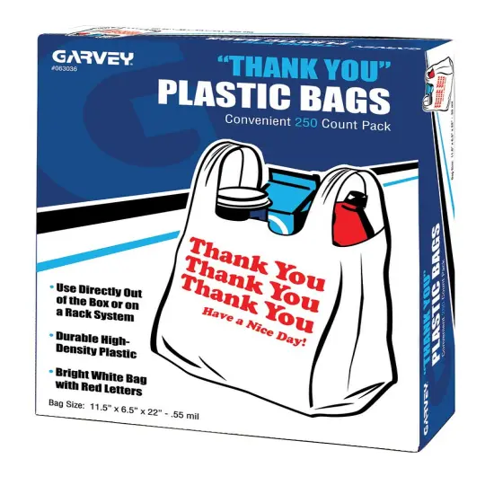 COSCO Shopping Bags, Durable White Plastic with Red Imprint, Thank You Thank You Thank You Imprint, 11" x 6.5" x 22", 250 per box {1}