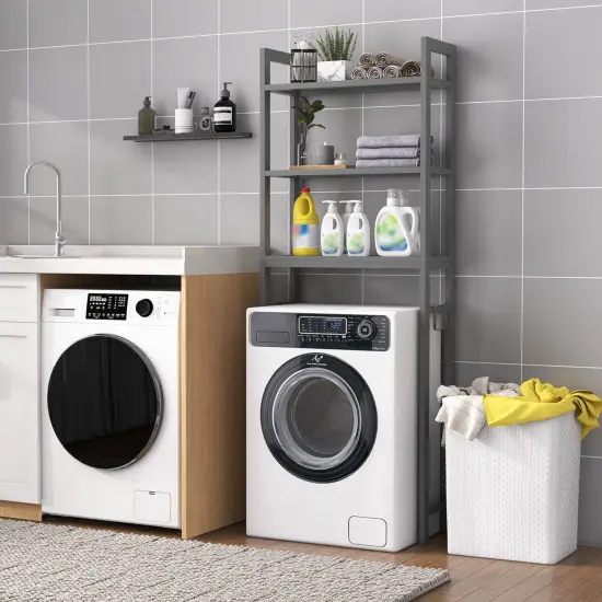 Costway Over-The-Toilet Storage Shelf Space Saving Metal Bathroom Organizer Hooks Grey/White/Brown {4}