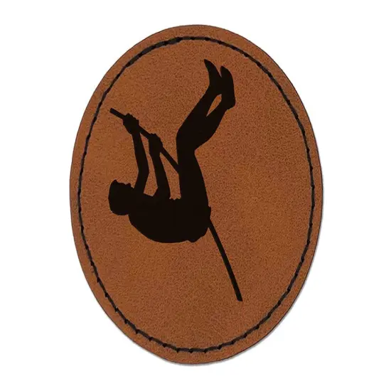 Pole Vaulter Track and Field Solid Round Iron-On Engraved Faux Leather Patch Applique - 2.5" Brown {1}