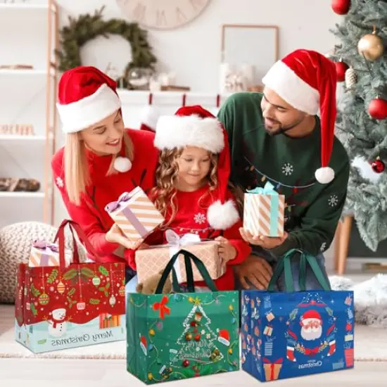 12 Pieces Large Reusable Christmas Tote Bags with Handles, Christmas Treat Bags, Multifunctional Non-Woven Christmas Bags for Gifts Wrapping, Shopping, Xmas, Party Favor Bags, 12.8" x 9.8" x 6.7" {5}