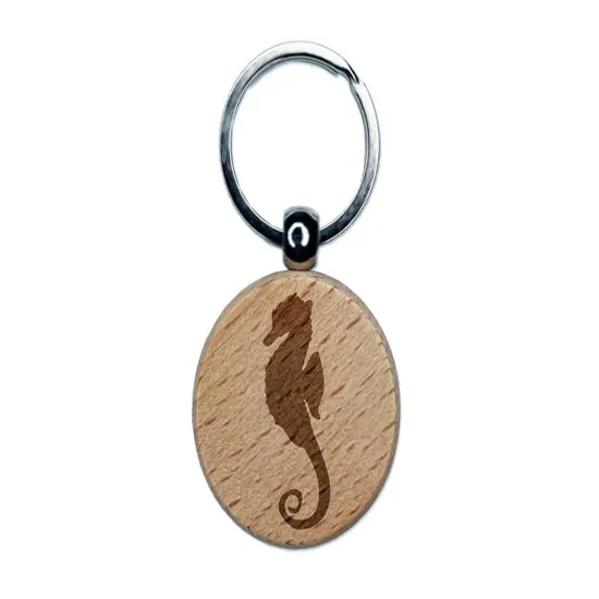 Seahorse Solid Engraved Wood Round Keychain Tag Charm {1}