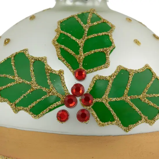 Northlight Holly and Berry Striped Christmas Glass Ball Ornaments - 4" - White and Red - Set of 2 {4}