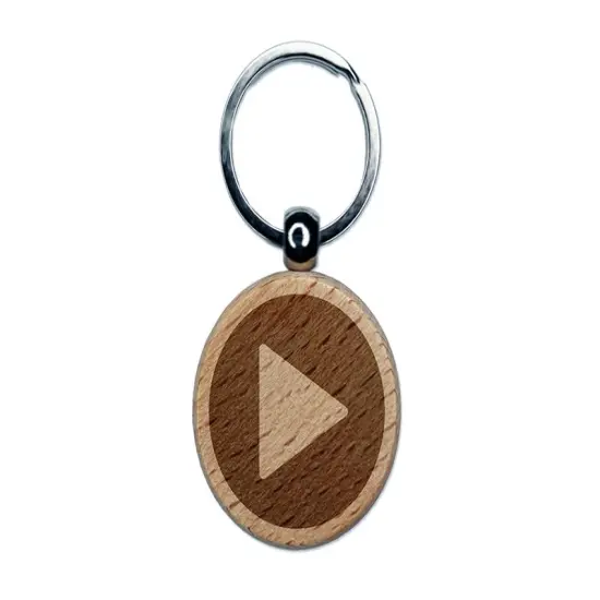 Play Button Icon Engraved Wood Round Keychain Tag Charm {1}
