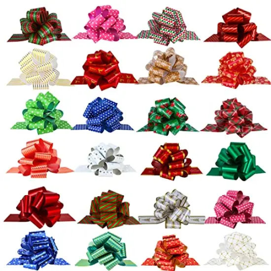 PintreeLand 24PCS Christmas Wrap Pull Bows with Ribbon 5&rdquo; Wide Wrapping Accessory for Xmas Present, Gift, Florist, Bouquet, Basket(24 PCS) {1}