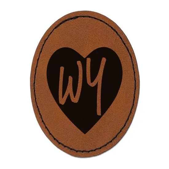 WY Wyoming State in Heart Round Iron-On Engraved Faux Leather Patch Applique - 2.5" Brown {1}