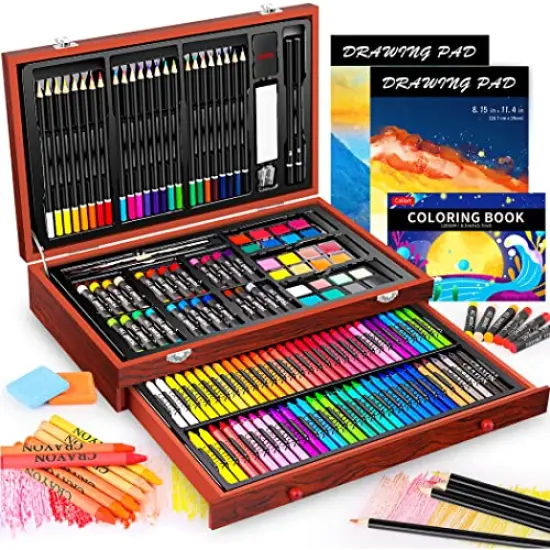 153 Pieces Deluxe Wooden Art Set Crafts Drawing Painting Coloring Supplies Kit with 2 A4 Sketch Pads, Halloween Creative Gift Box for Adults Artist Beginners Kids Girls Boys {2}
