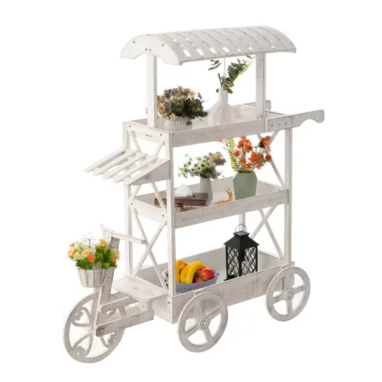 White Wood Decor Display Rack Mobile Food Cart with Wheels 3 Tier for Display, Wood Wagon with Shelves for Food and More {1}
