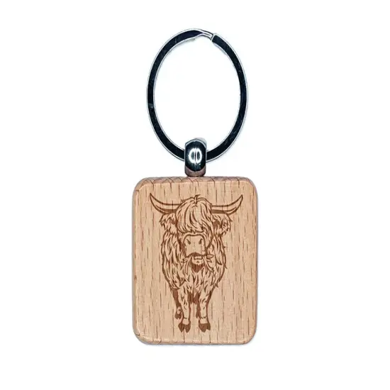 Shaggy Highland Cow Eating Grass Engraved Wood Square Keychain Tag Charm {1}
