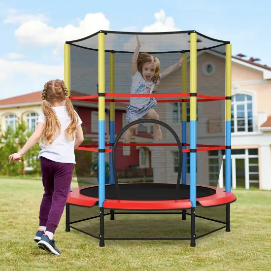 55 Inches Kids Trampoline Recreational Bounce Jumper with Safety Enclosure Net {1}