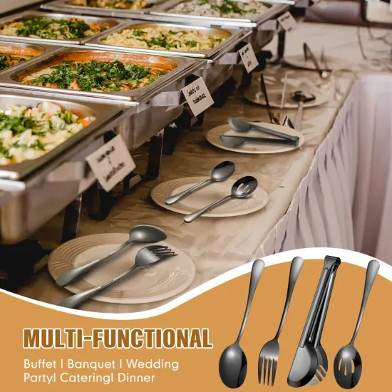 15 Pieces Stainless Steel Serving Utensils Large Serving Spoon Set 9.45 Inch Metal Tongs 9 Inch Serving Forks 8.7 Inch Slotted Spoons and Serving Spoon Kitchen Wedding Party (Black) {6}