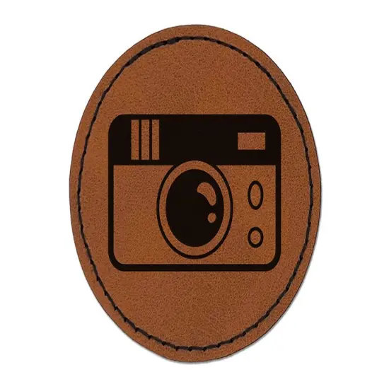 Vintage Disposable Camera Round Iron-On Engraved Faux Leather Patch Applique - 2.5" Brown {1}