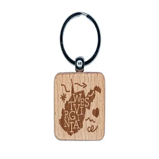 West Virginia State with Text Swirls Engraved Wood Square Keychain Tag Charm {1}