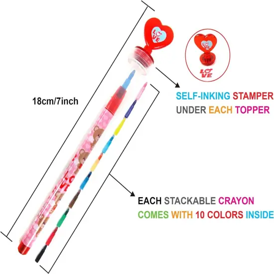 TINYMILLS 24 Pcs Valentine's Day 2 in 1 Stackable Stacking Crayon with Extra Stamper Topper, Valentine's Day Party Favors, Goodie Bag Stuffers, Valentine's Day Classroom Exchange {6}