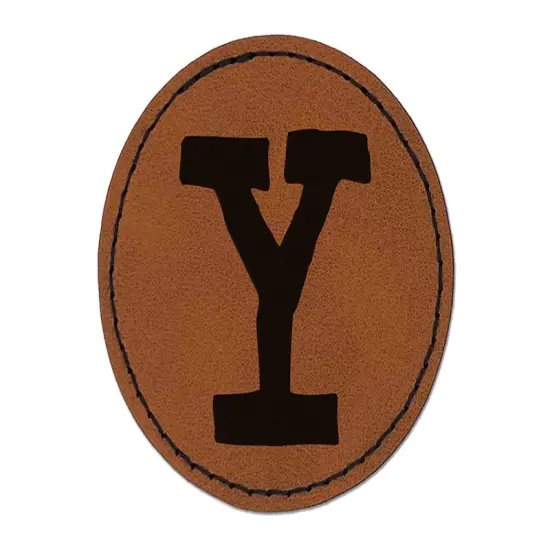 Letter Y Uppercase Cute Typewriter Font Round Iron-On Engraved Faux Leather Patch Applique - 2.5" Brown {1}