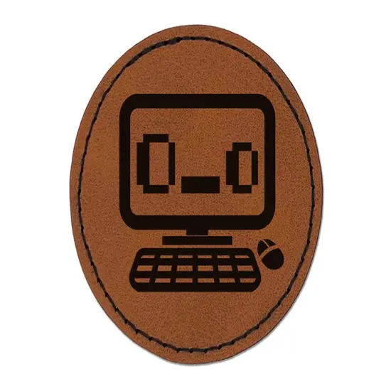 Shocked Confused Kawaii Computer Face Emoticon Round Iron-On Engraved Faux Leather Patch Applique - 2.5" Brown {1}