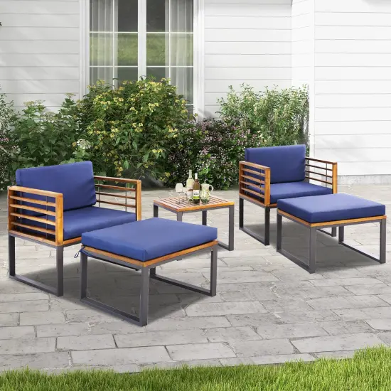 5 Piece Patio Acacia Wood Chair Set with Ottomans and Coffee Table-Navy {1}