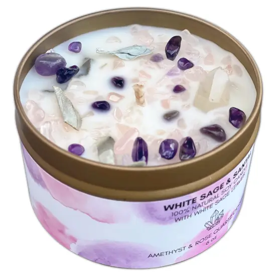 1 Pack White Sage Smudge Candle with Rose Quartz and Amethyst Gemstone Crystals 100% Natural Soy Wax Scented with Essential and Fragrance Oils {3}