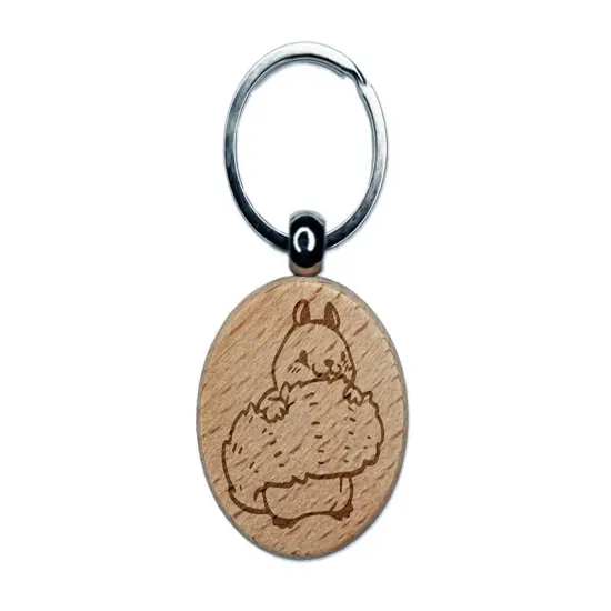 Shy Squirrel Hiding Behind Tail Engraved Wood Round Keychain Tag Charm {1}