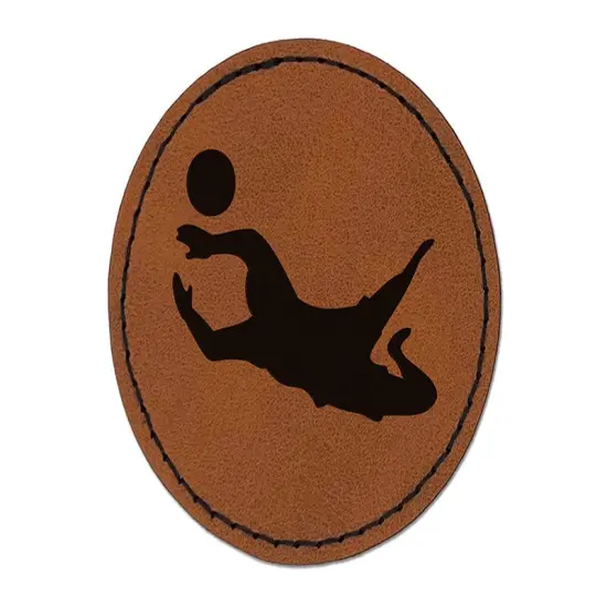 Soccer Goalie Diving For Ball Association Football Round Iron-On Engraved Faux Leather Patch Applique - 2.5" Brown {1}