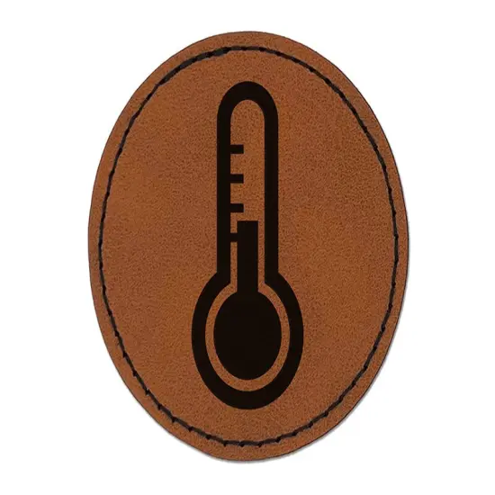 Thermometer Symbol Round Iron-On Engraved Faux Leather Patch Applique - 2.5" Brown {1}