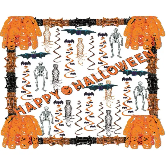 34 Piece Happy Halloween Skeletons Bats Pumpkins Streamers Decorations Kit {1}