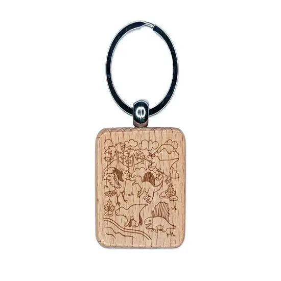Dinosaurs Landscape Engraved Wood Square Keychain Tag Charm {1}