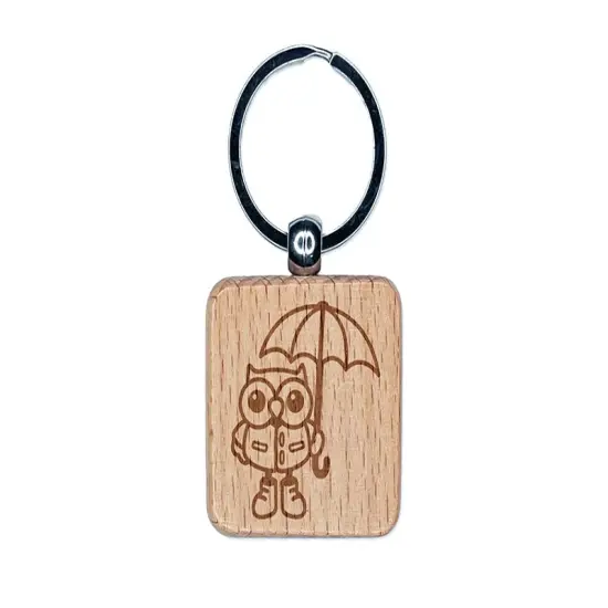 Owl with Umbrella Ready for the Rain Engraved Wood Square Keychain Tag Charm {1}