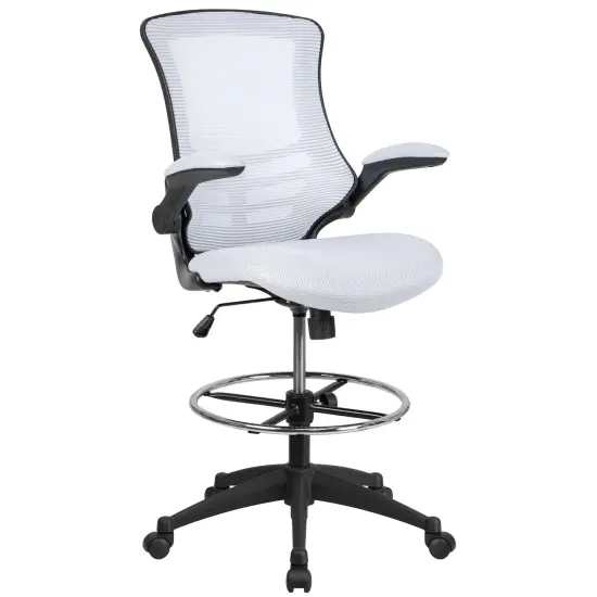 Emma and Oliver Mid-Back Mesh Ergonomic Drafting Chair with Foot Ring and Flip-Up Arms WhiteMesh/BlackFrame {1}