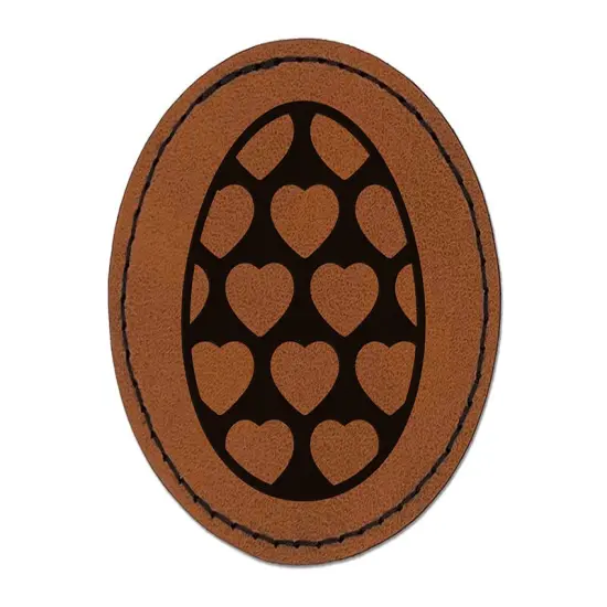 Egg with Hearts Round Iron-On Engraved Faux Leather Patch Applique - 2.5" Brown {1}