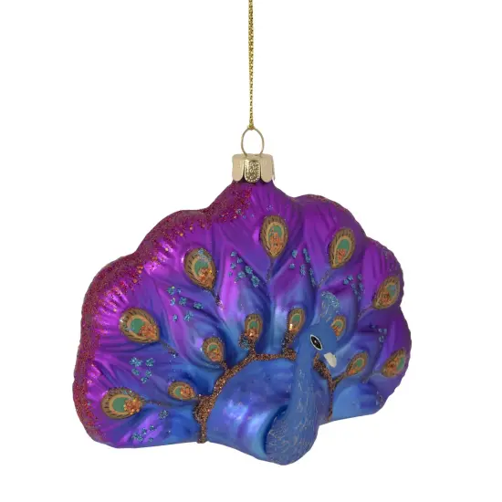 Northlight Sitting Glittered Peacock Glass Christmas Ornament - 4.25" - Purple {1}