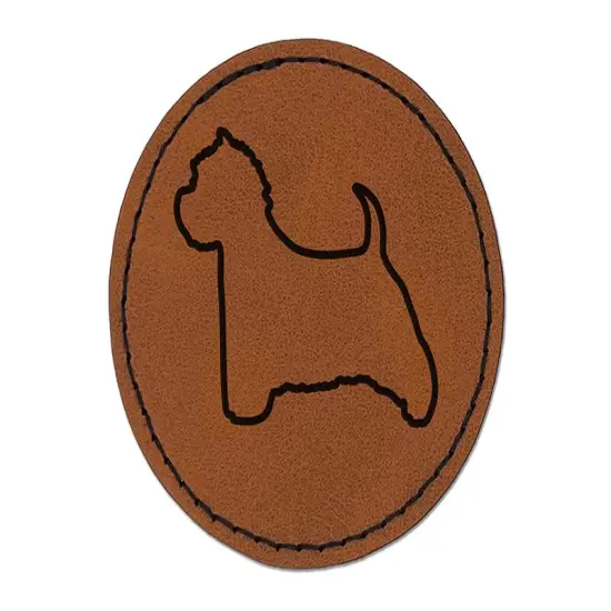 Westie West Highland White Terrier Dog Outline Round Iron-On Engraved Faux Leather Patch Applique - 2.5" Brown {1}