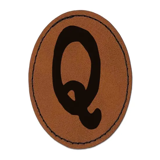 Letter Q Uppercase Cute Typewriter Font Round Iron-On Engraved Faux Leather Patch Applique - 2.5" Brown {1}