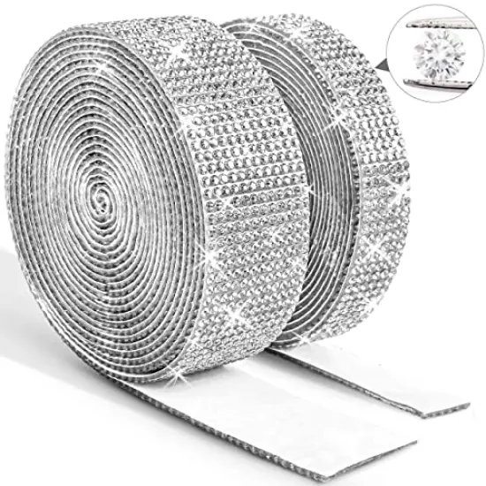 2 Rolls 6 Yards Rhinestone Ribbon Adhesive Rhinestones for Crafts Crystal Bling Rhinestone Diamond Ribbon Strips Roll for Decoration Crafts DIY Wrapping(Silver) {2}