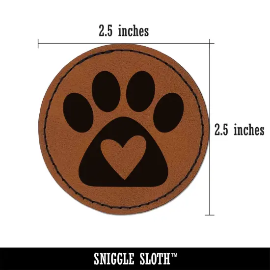 Paw Print with Heart Dog Round Iron-On Engraved Faux Leather Patch Applique - 2.5" Brown {2}