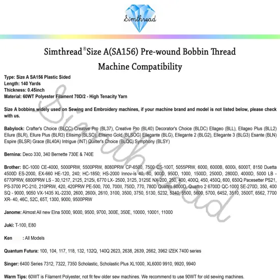 144 Pieces Embroidery Pre-Wound Bobbins Thread, Class 15 Type A Size SA156, Polyester White 60 wt, Bernina Pfaff Ambition BabyLock Brother Embroidery and Sewing Machines Plastic Side {2}