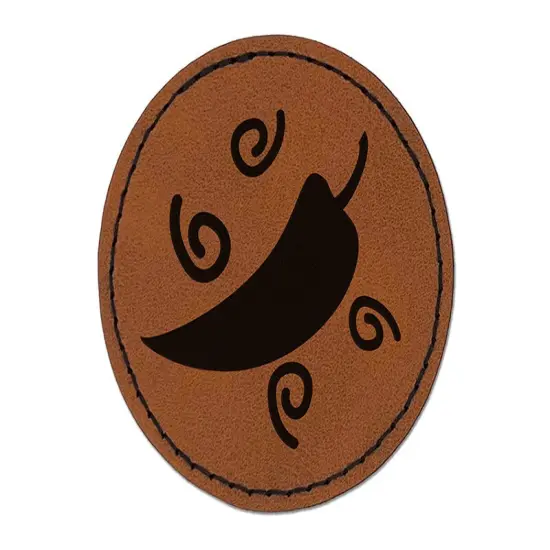 Chili Pepper with Swirls Fiesta Round Iron-On Engraved Faux Leather Patch Applique - 2.5" Brown {1}