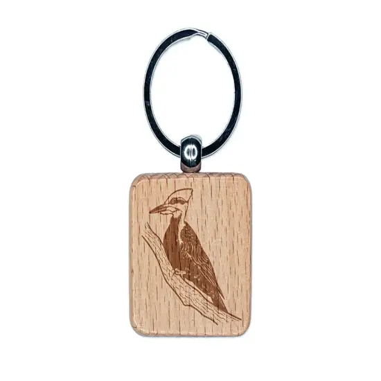 Pileated Woodpecker Bird on Branch Engraved Wood Square Keychain Tag Charm {1}
