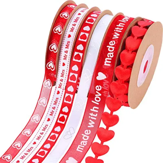 6 Pieces Valentine's Day Ribbons Printed Heart Wired Ribbons Craft Satin Ribbons for Gift Wrapping DIY Supplies {1}