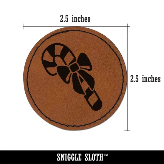 Candy Cane with Bow Christmas Round Iron-On Engraved Faux Leather Patch Applique - 2.5" Brown {2}