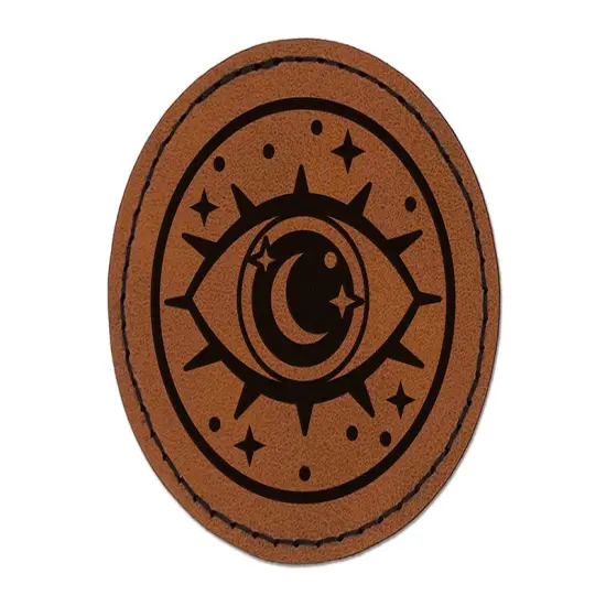 Magical All Seeing Eye Round Iron-On Engraved Faux Leather Patch Applique - 2.5" Brown {1}
