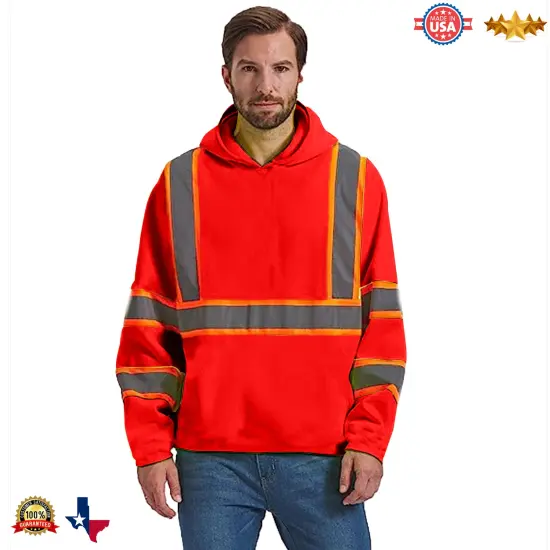 RADYAN&reg; Long Sleeve High Visibility Safety Hoodie with Hood for Construction Work Red {1}