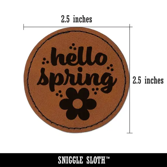 Hello Spring Round Iron-On Engraved Faux Leather Patch Applique - 2.5" Brown {2}
