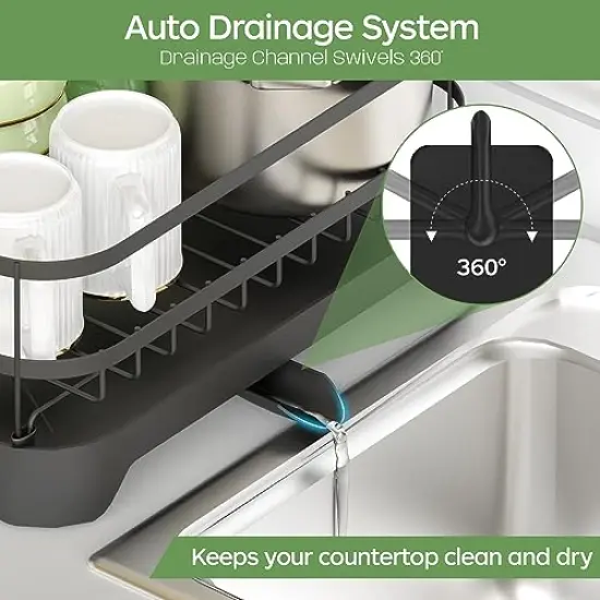 16.9"(L) x 12.2"(W), Black Dish Drying Rack, Stainless Steel Rustproof Dish Rack for Kitchen Counter, Durable Dish Drainer with Drainboard, Drainage, Utensil Holder for Various Kitchenware {6}