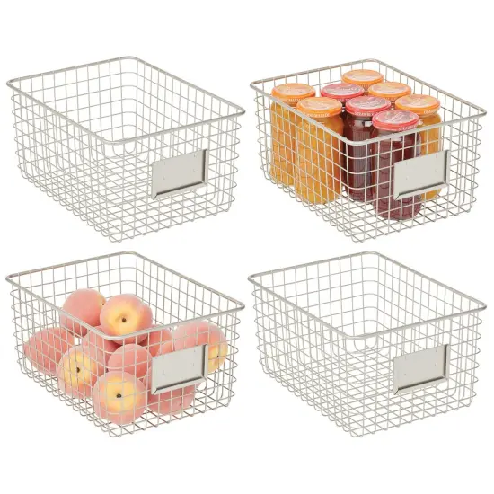 mDesign Large Steel Kitchen Organizer Basket with Label Slot, 4 Pack - Satin {1}