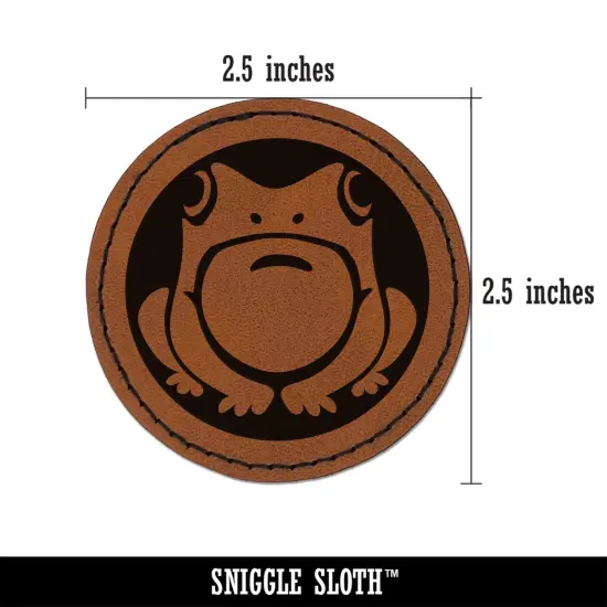 Cute Frog Sitting Round Iron-On Engraved Faux Leather Patch Applique - 2.5" Brown {3}