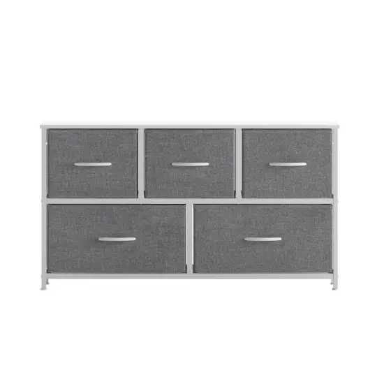 Emma and Oliver Marley 5 Drawer Storage Dresser with Cast Iron Frame, Wood Top and Easy Pull Fabric Drawers with Wooden Handles GrayDrawers/White {3}